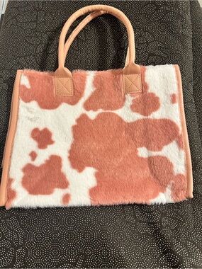 Faux Fur Patchwork Tote Bag in Peach and White
